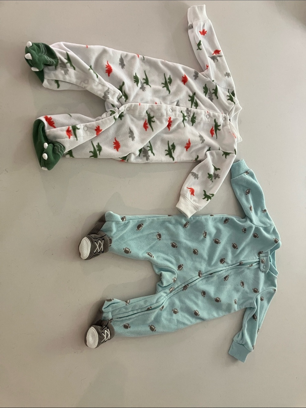 Carter's White Dino & Aquamarine Footed Fleece One-Pieces - 3 Months